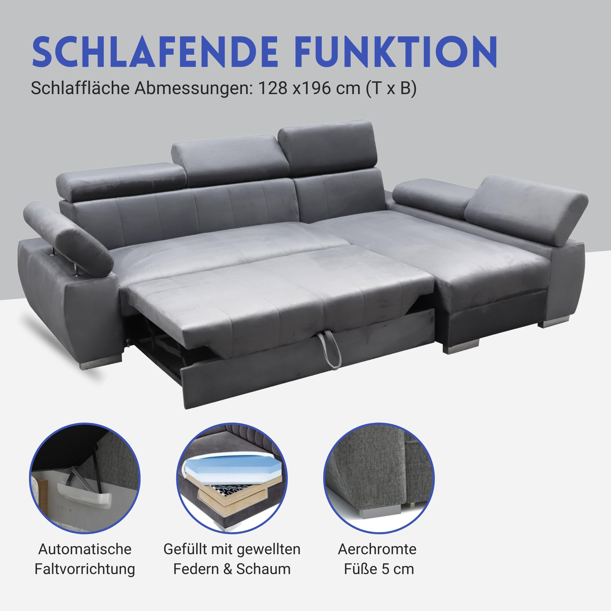 Ecksofa OTTO, Eckcouch mit Schlaffunktion, Federkern, Verstellbare Kopfstützen, Einfacher Klappmechanismus, Bettfunktion, Zusätzlicher Stauraum, Plüsch Grau, Rechts