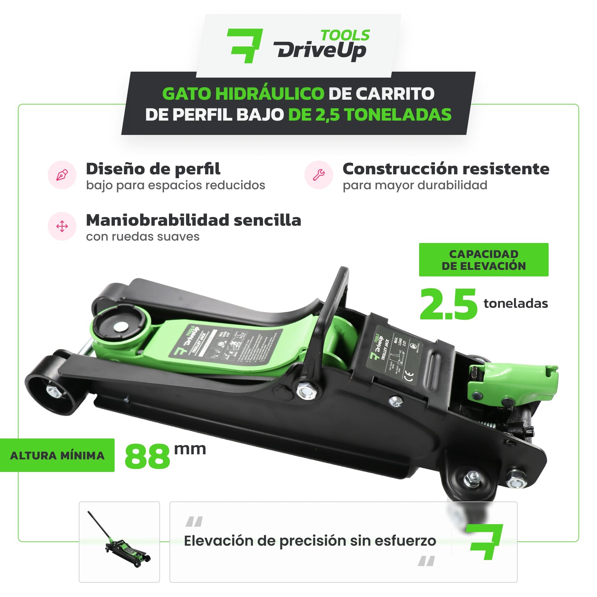 Gato hidraulico para Coche 2,5T. Gato Coche bajo Perfil Altura elevación 85-380mm con Almohadilla de Goma. Capacidad hasta 2500kg (Sin Maleta)