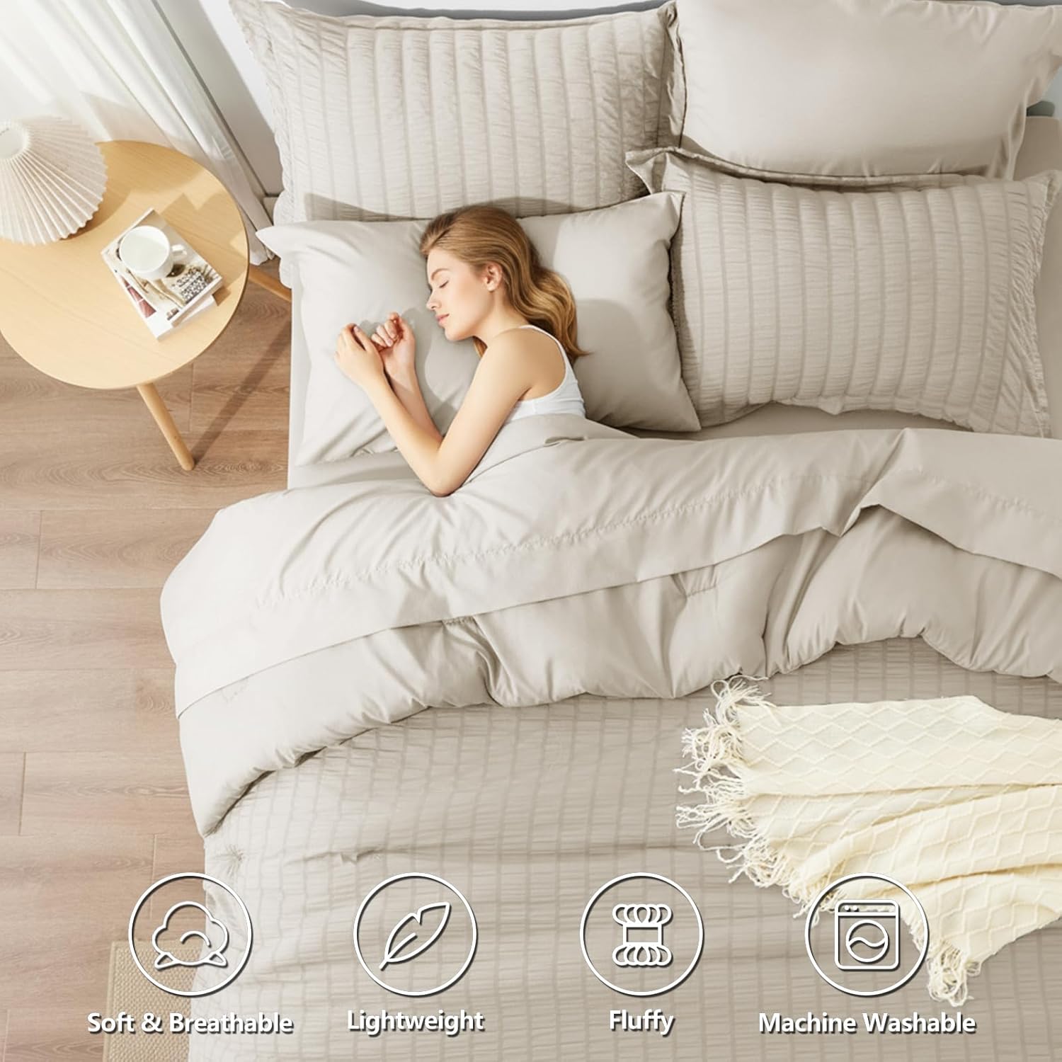 HIMEET Queen Comforter Set - 7 Pieces Seersucker Bed in a Bag Queen Size, Luxury Boho Comforter Set with Sheets for All Season, Bed Set with Comforter, Sheets, Pillowcases & Shams, Beige