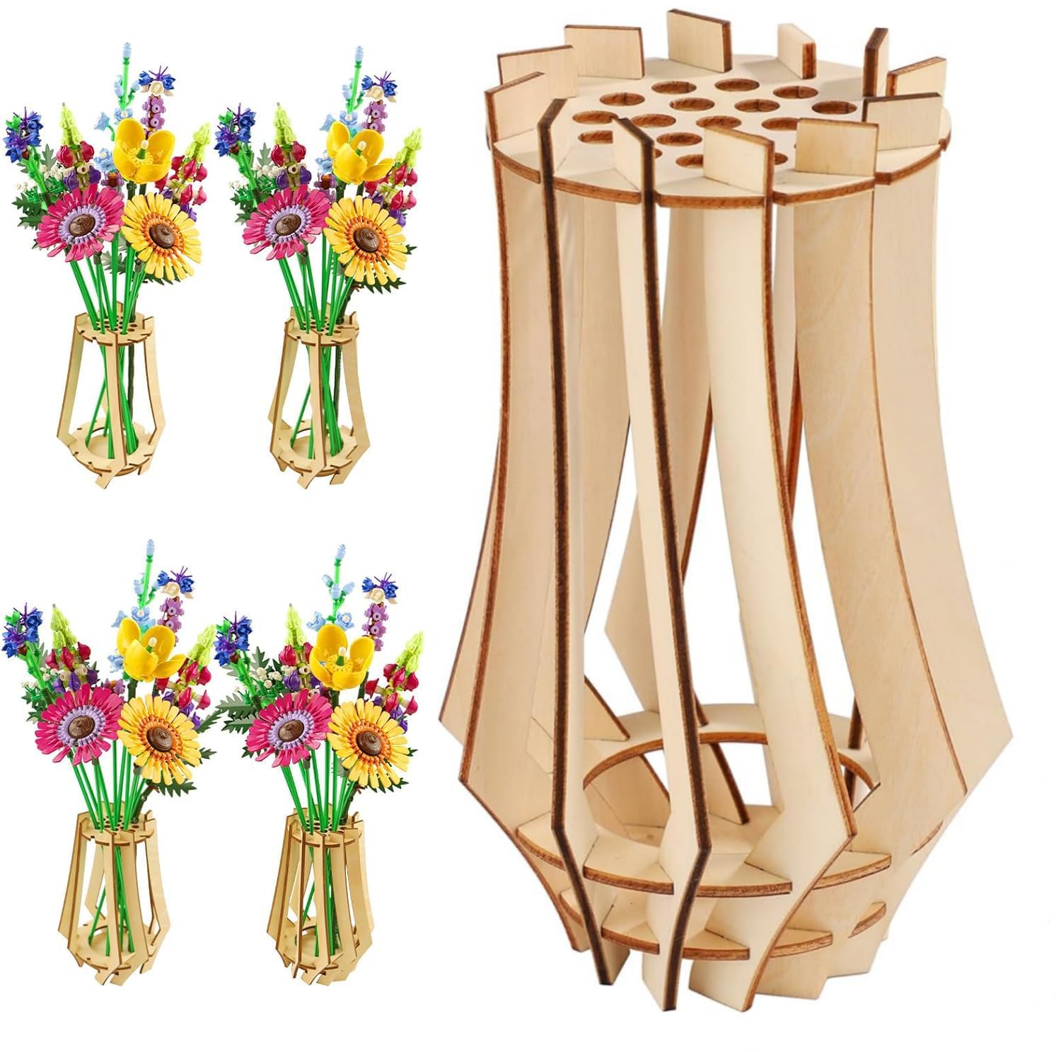 FloralGrace 1 jarrón de madera para flores Lego, soporte de madera para Lego Rosas, flores de cerezo, girasoles, tulipanes, narcisos, loto