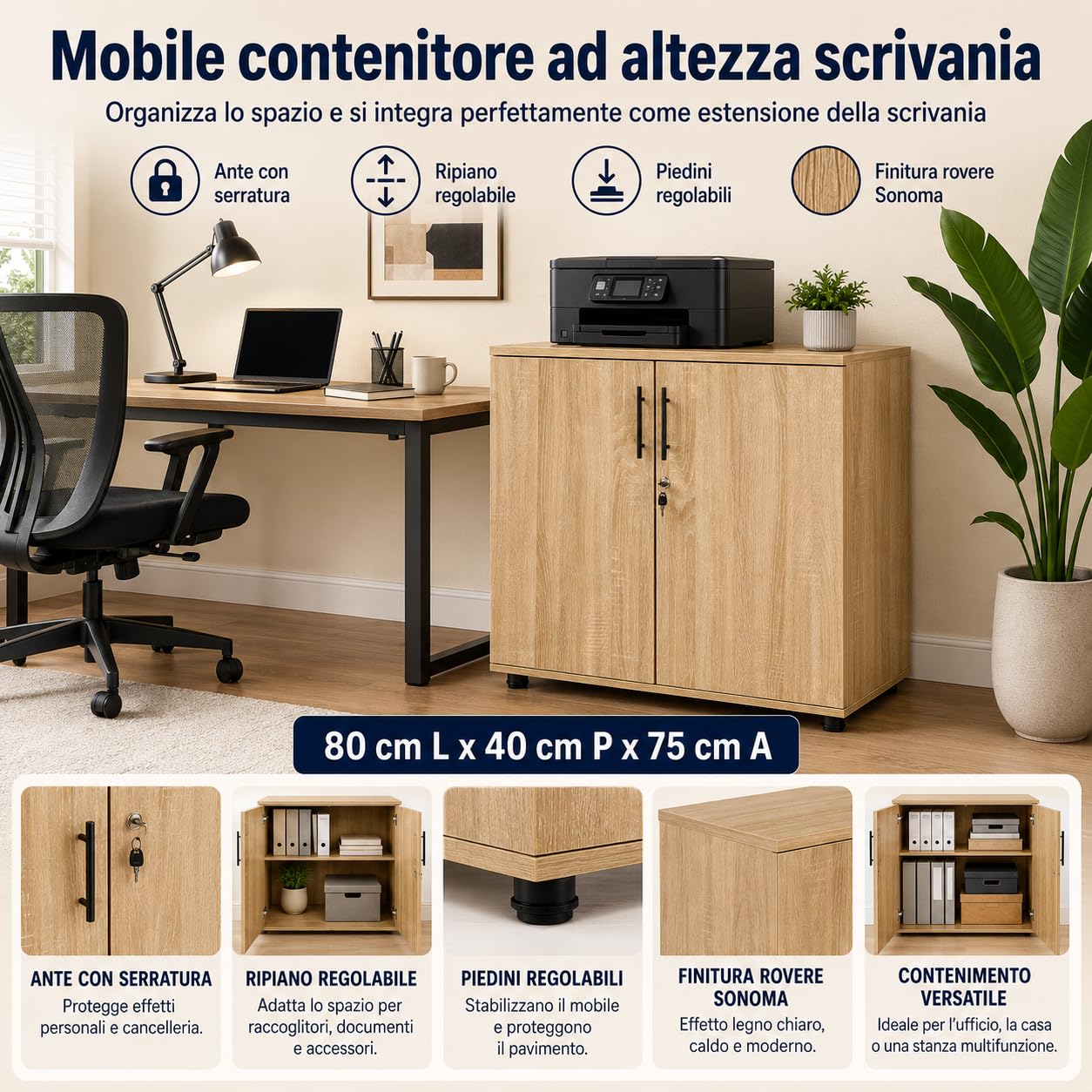 MMT - Armadietto da ufficio in legno di quercia, con ante chiudibili, altezza 75 cm, per mobili da ufficio e garage per riporre attrezzi, armadietti da ufficio sicuri per documenti