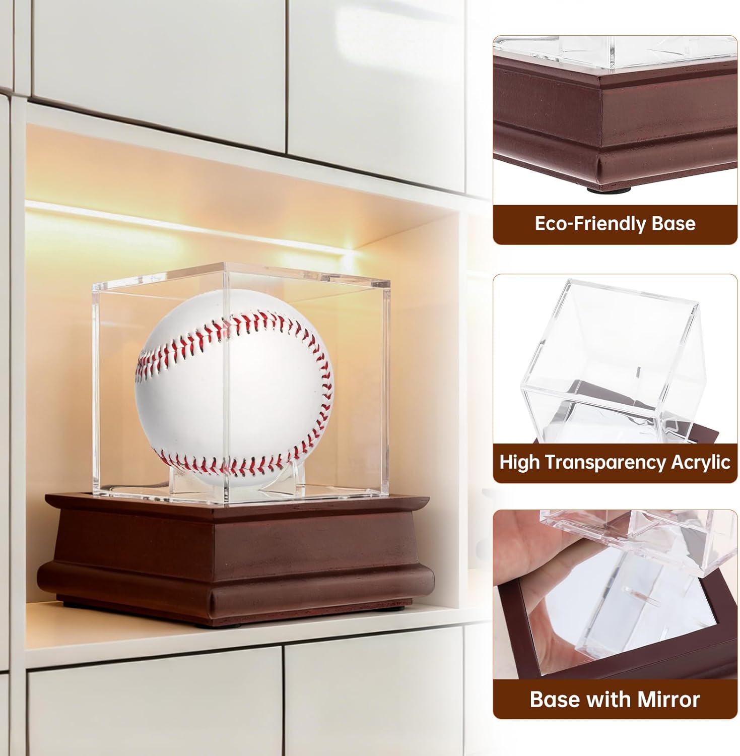 Acrylic Display Cases Clear,UV Protected Cube Ball Holder with Mirrored Wood Base Suitable for Baseball, Tennis Ball and Souvenir Items up to 3 x 3 Inch