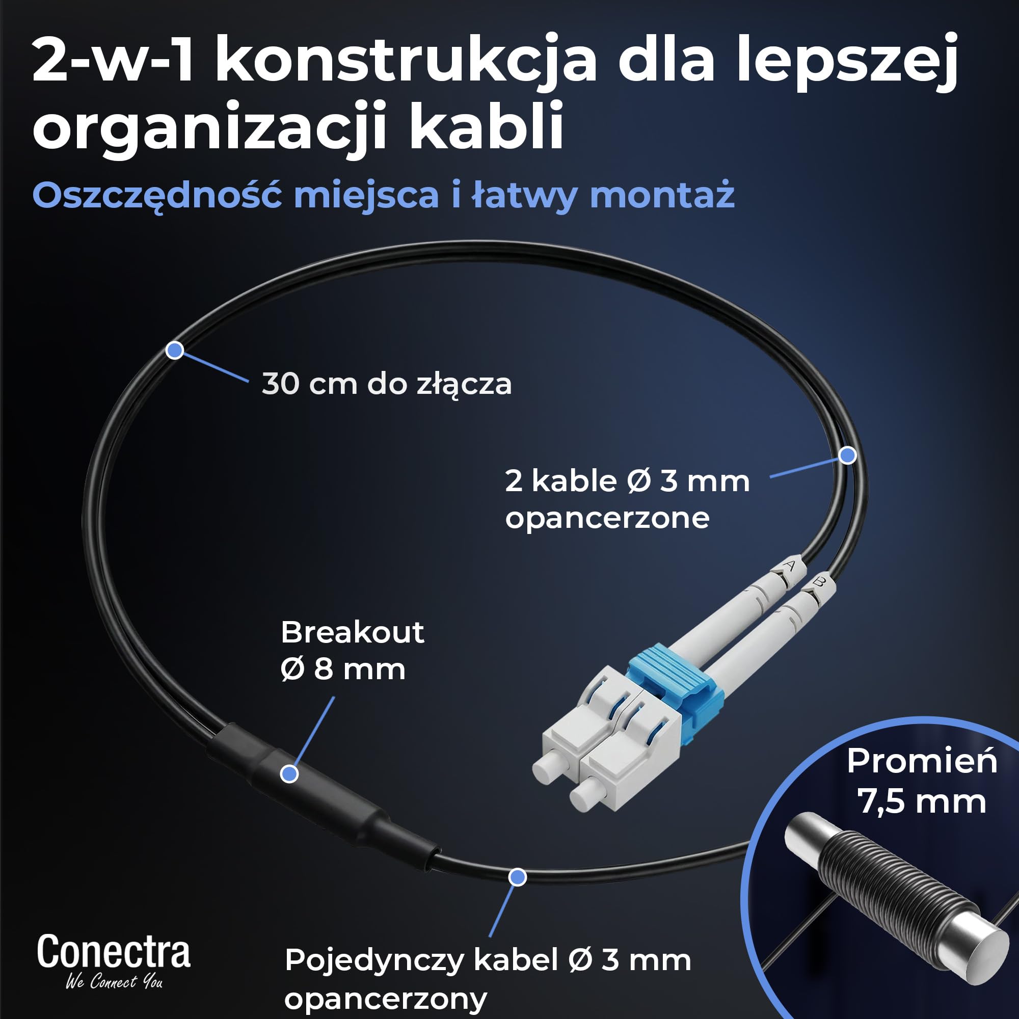 50m Pancerny Kabel Światłowodowy OS2 Duplex Breakout LC/UPC, Patchcord Jednomodowy G657A2 9/125, LSZH Wewnętrzny/Zewnętrzny, Przedłużacz Światłowodowy Wzmocniony Patch Sieć ⌀3mm Czarny