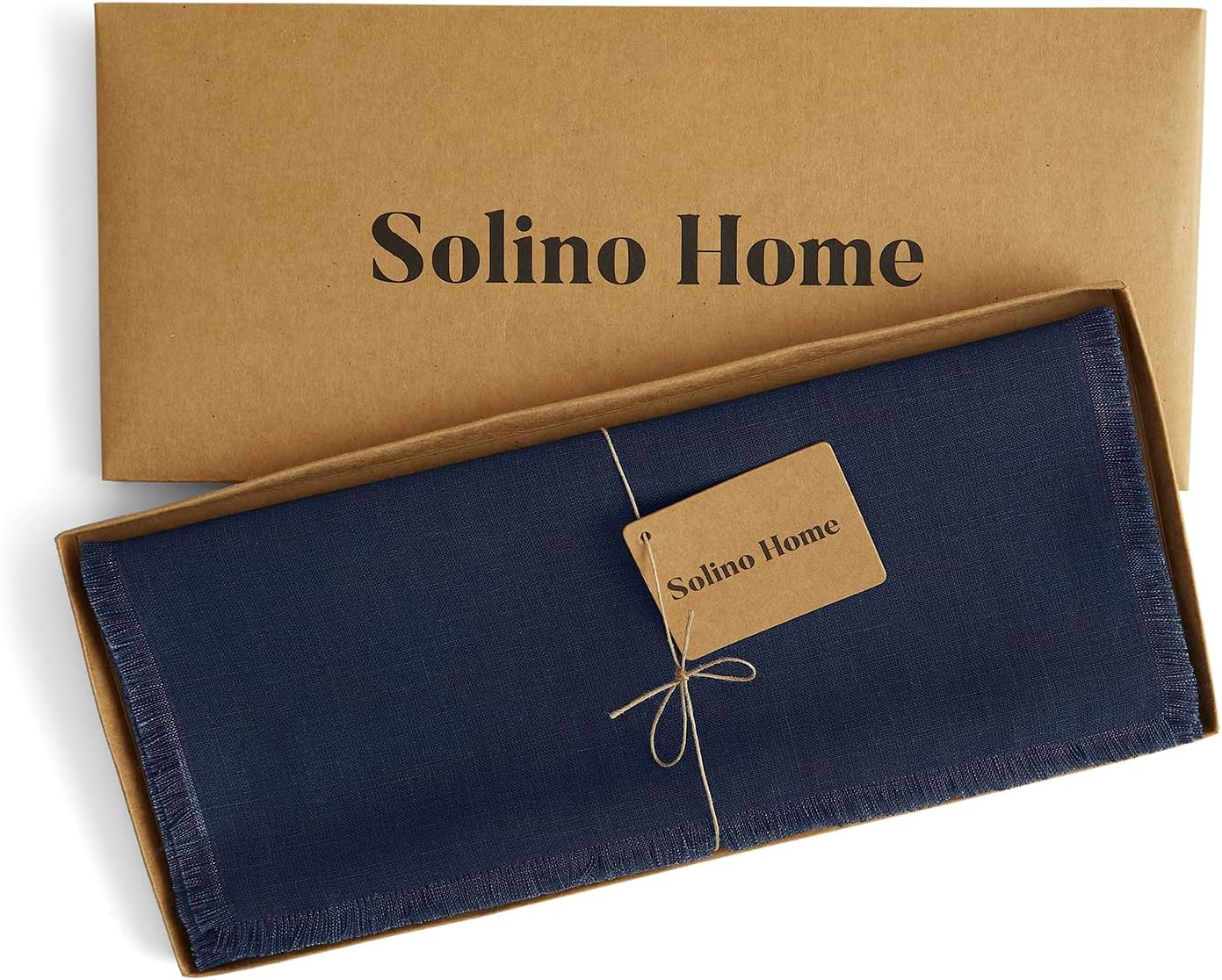 Solino Home Linen Navy Blue Table Runner 90 Inches Long - Fringe, 100% Pure Linen 14 x 90 Inch Table Runner for Winter, Mothers Day