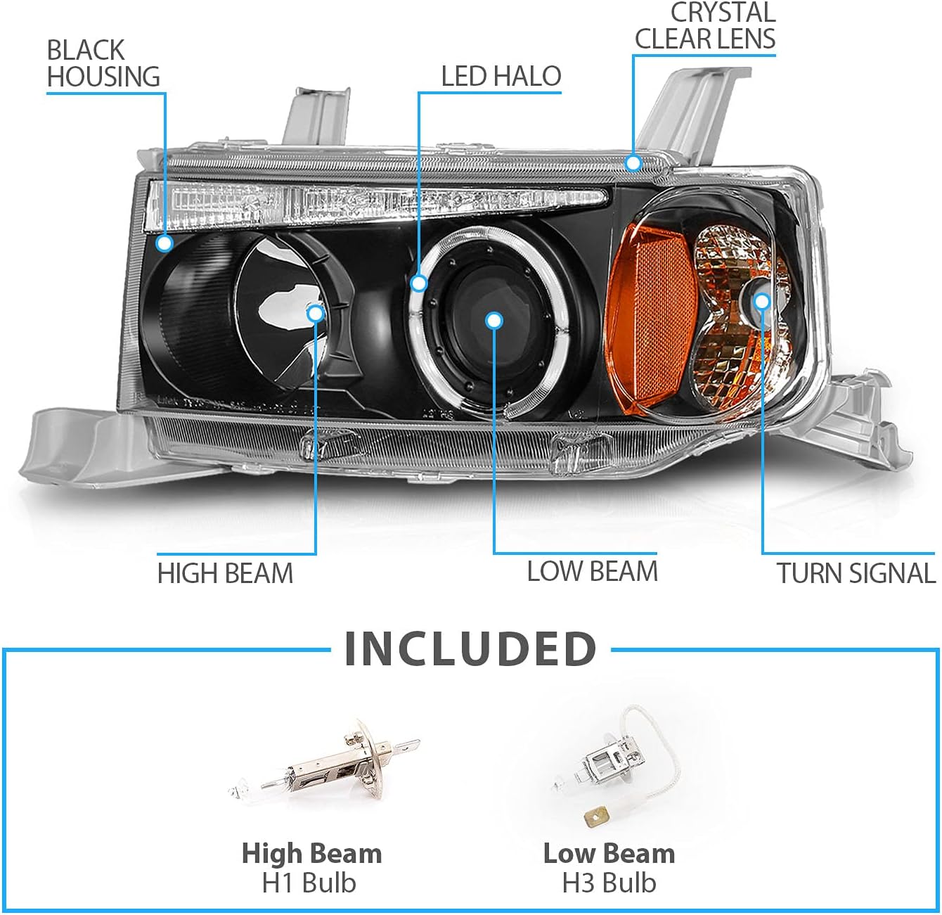 AmeriLite For 2004-2006 Scion xB LED Halo Projector Black Replacement Headlights Pair - Passenger and Driver Side