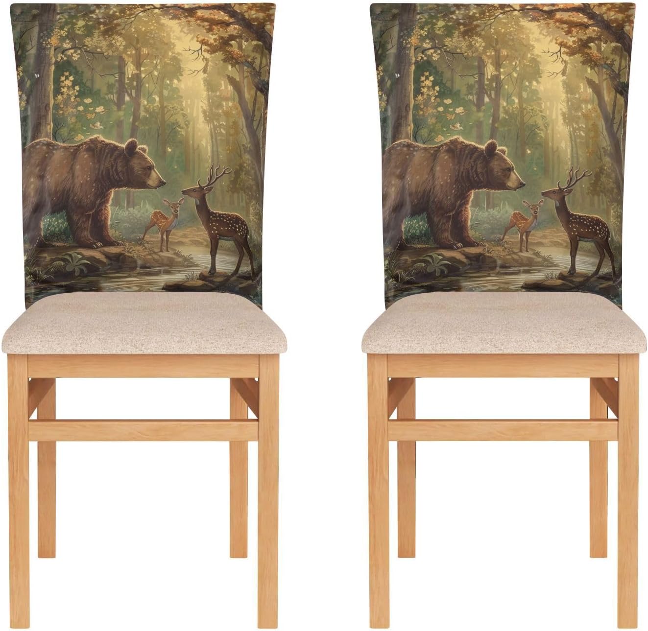 ALAZA Bear and Deer in The Forest Chair Back Cover Set of 6, Washable Reusable Removable Chair Slipcovers Decorative Chair Cover for Home Kitchen Wedding Party