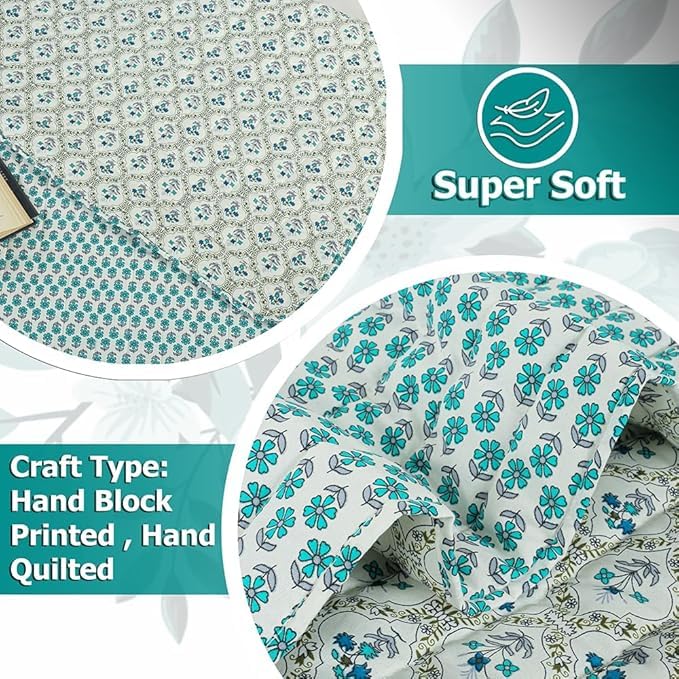 Image of SANMARINO Jaipuri Razai Single Bed Reversible Cotton Quilt | Traditional Ethnic Floral Print Dohar | Lightweight AC Comforter with Pure Cotton Filling | All-Season Blanket (Teal Blue)