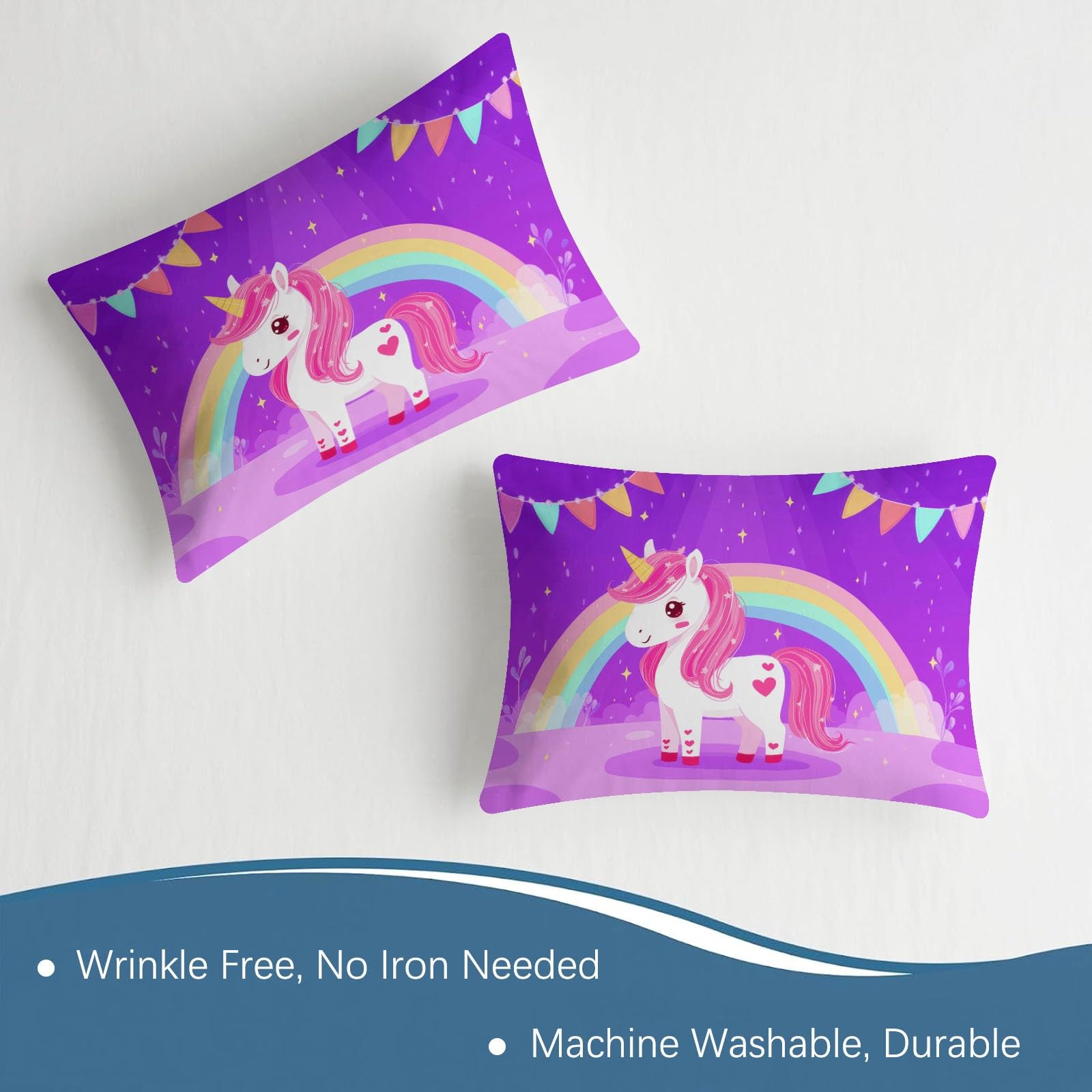 Juego de 3 sábanas bajeras ajustables de 160 x 200 cm para cama juvenil, de dibujos animados, de microfibra transpirable, sábana bajera con diseño de unicornio, arco iris y 2 fundas de almohada con