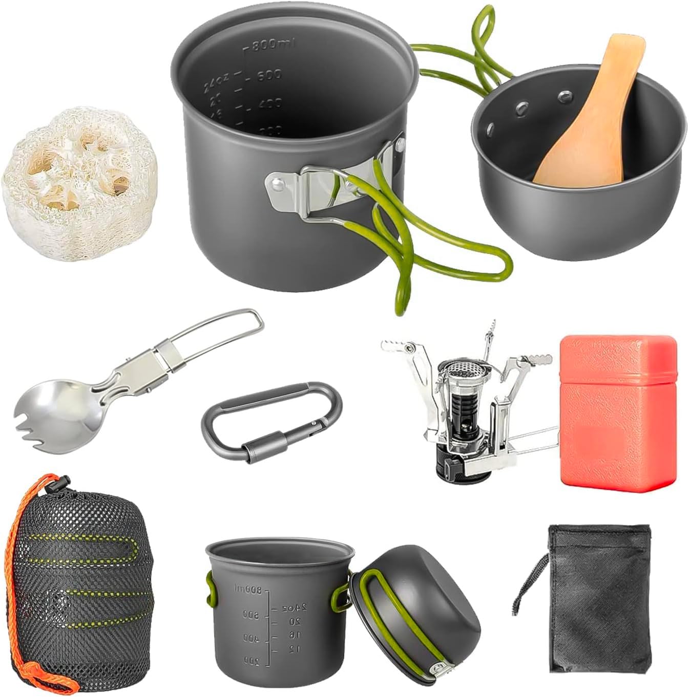 Camping Cookware Set, Portable Camping Mess Kit with Non-Stick Pots, Pans Set and Folding Fork, Lightweight Backpacking cookware Cooking Set for