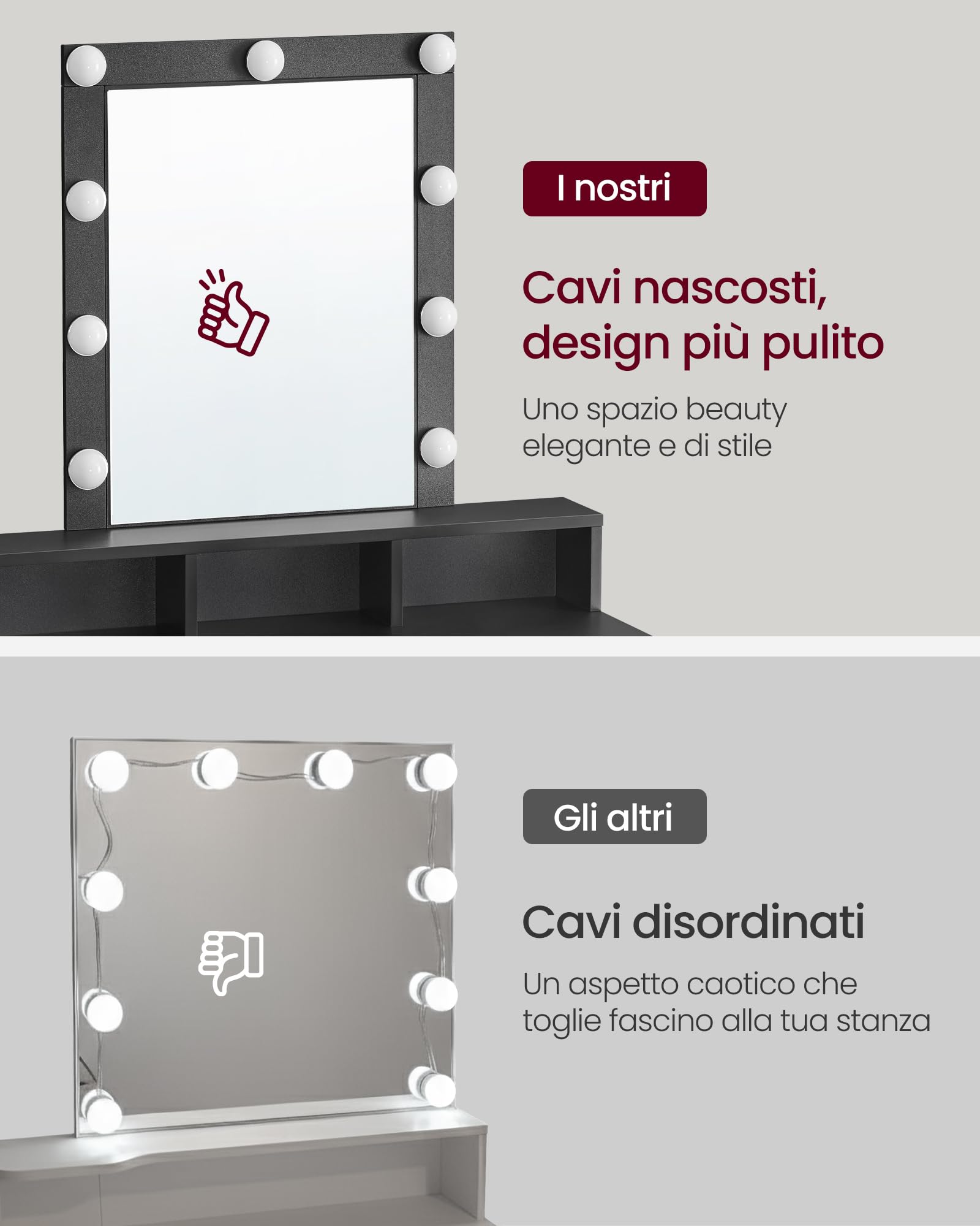 VASAGLE KAILYN Collezione - Toeletta, Luce LED con Luminosità Regolabile, Tavolo da Trucco con Specchio, 2 Cassetti e 3 Scomparti, Postazione Trucco, Moderno, Nero RDT114T16