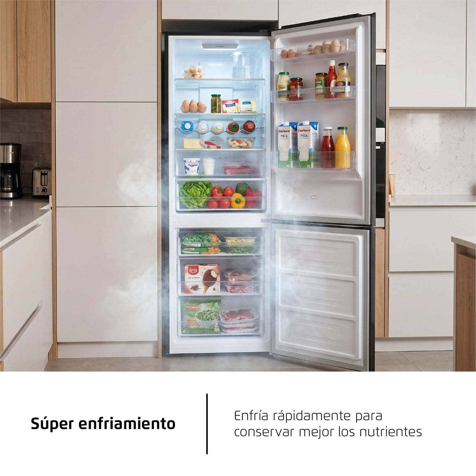 Corberó - Frigorífico Combi | CCHGL186NFN | 400 Litros | 187 cm | No Frost | Funciones Super, ECO y Vacaciones | Fresh Box | Cristal Negro
