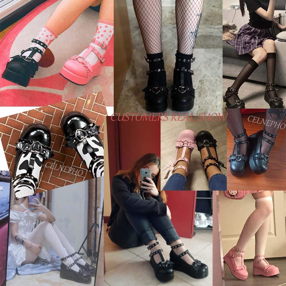 CELNEPHO Mary Jane Shoes Women Cute Ankle Strap Platform Wedge High Heel Pumps Gothic Party Dress Shoes for Women: 5 Black