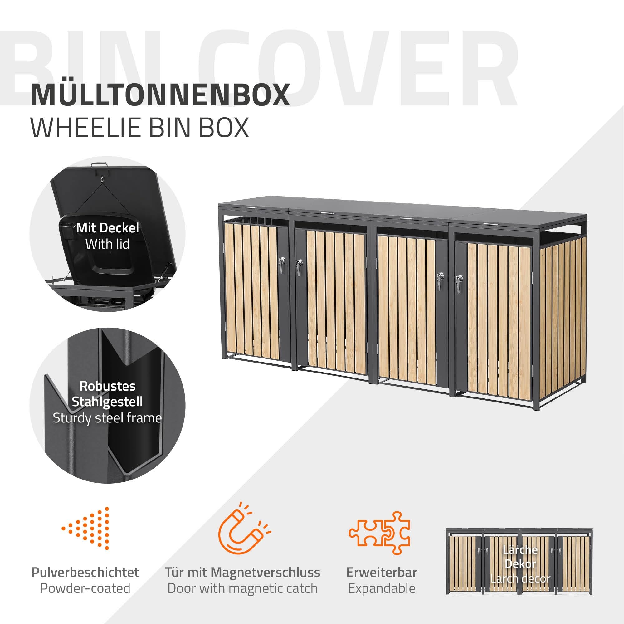 ML-Design Copribidone per 4 Bidoni di Spazzatura, Doppio Contenitore, Pattumiera, Cassonetti Rifiuti 240 L, 264 x 160 x 240 cm Box in Acciaio Antracite/Effetto Larice con Coperchio Ribaltabile 2 Porte