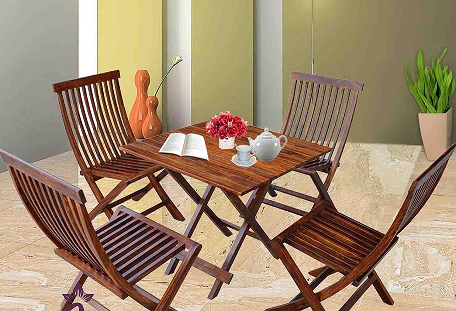 RSFURNITURE Wooden Folding Table with 4 Chairs for Outside & Garden | 4 Seater Foldable Table & Chiar for Balcony & Living Room | Sheesham Wood, Honey Finish