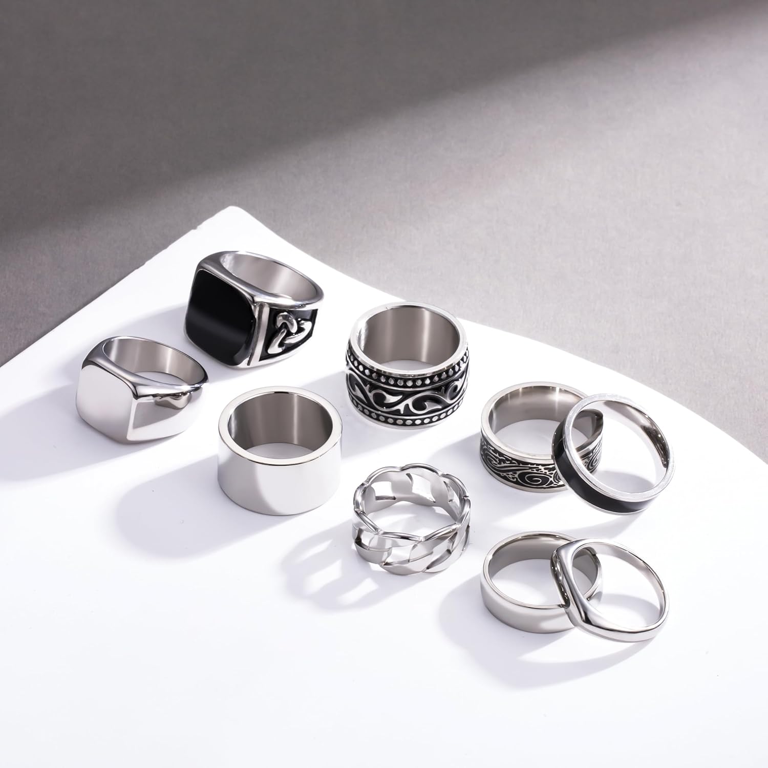 9 Pcs Men's Stainless Steel Vintage Signet Ring Set: Square, Pinky, Thumb, Chunky, Thin Band, Cuban Link, Biker Rings for Men - Image 5