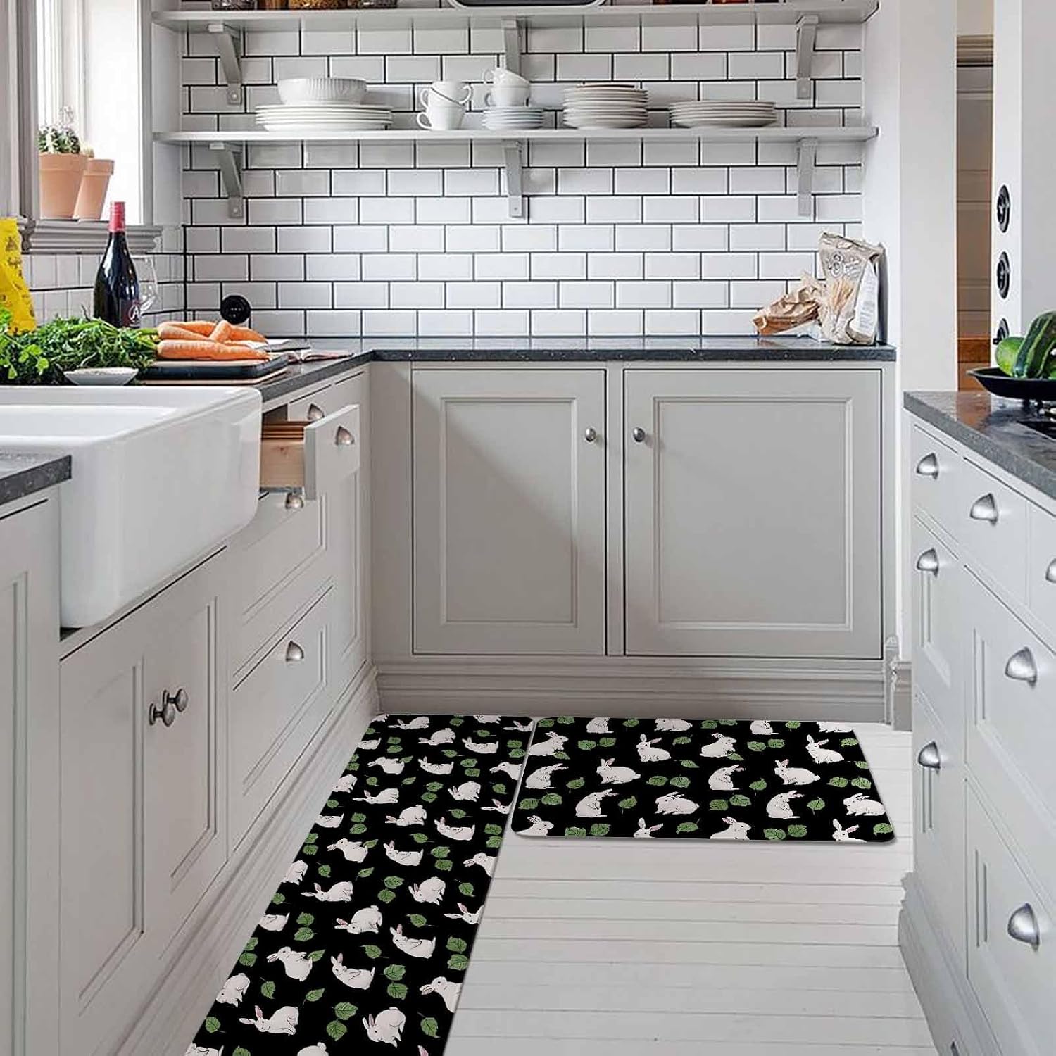Cute Rabbits Kitchen Rugs and Mats Set of 2, Non-Slip Kitchen Sink Mat, Country Leaves Plants Cartoon Bunny Black Washable Doormat Bathroom Rugs Runner for Bedroom/Living Room 17.7"x30"+17.7"x47.2"
