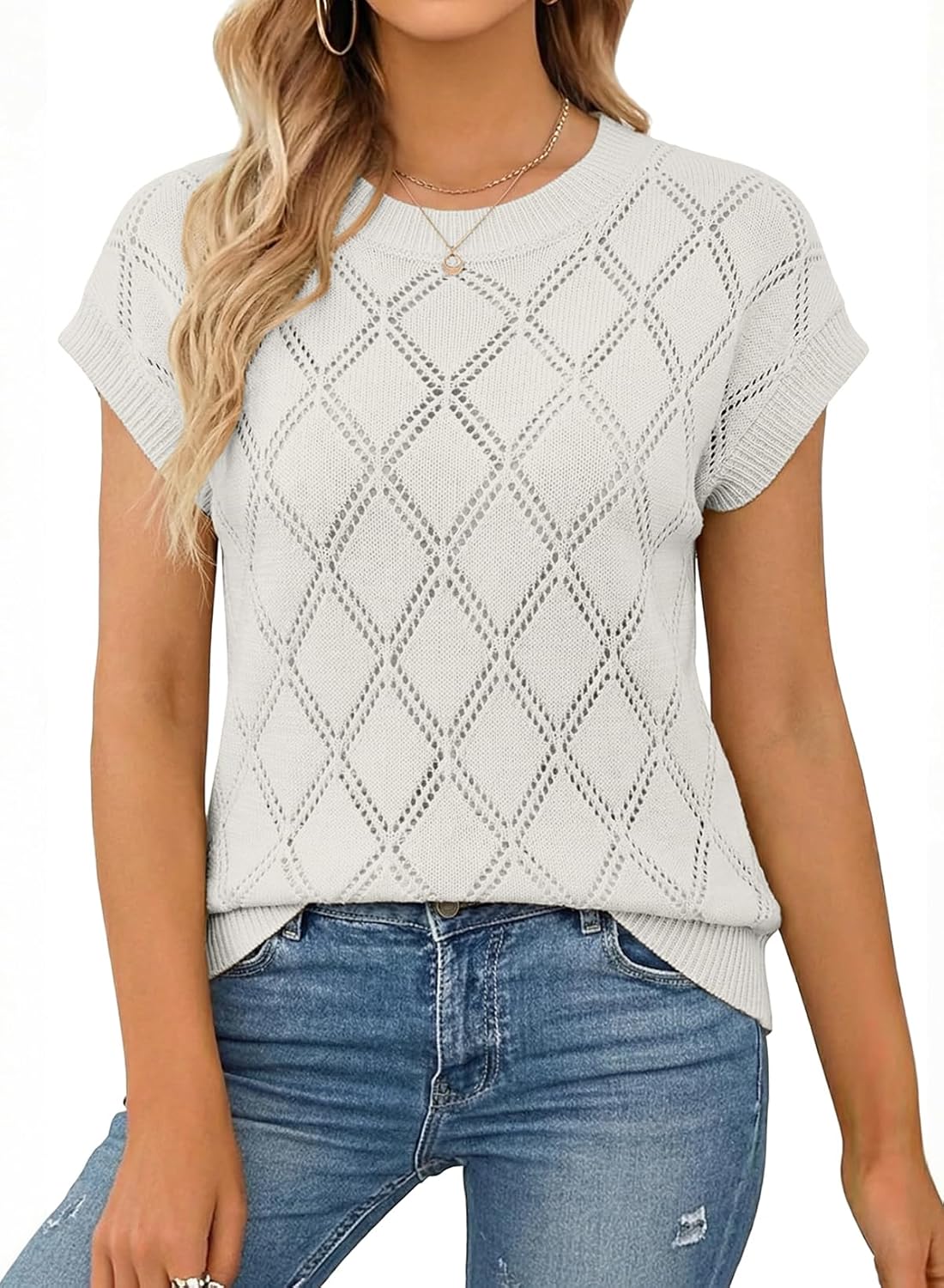 SHEWIN Womens Tops Crewneck Cable Knit Short Sleeve Sweater Loose Lightweight Blouses Dressy Casual Pullover Sweaters Top