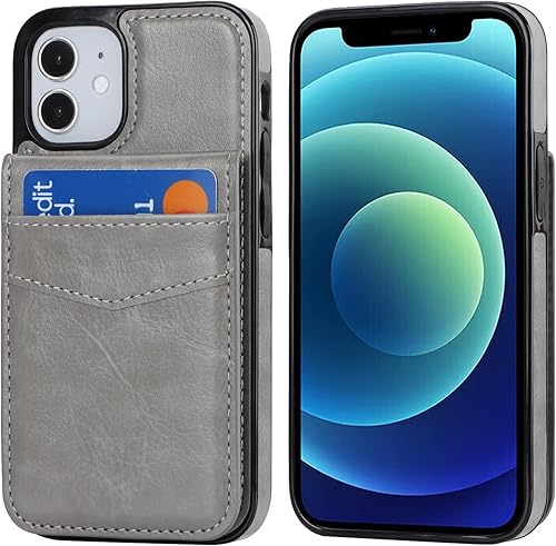 Miniatura 10 de KIHUWEY Funda compatible con iPhone 12 Mini de 5.4 pulgadas con soporte para tarjeta de crédito, cierre magnético de cuero de alta calidad, función