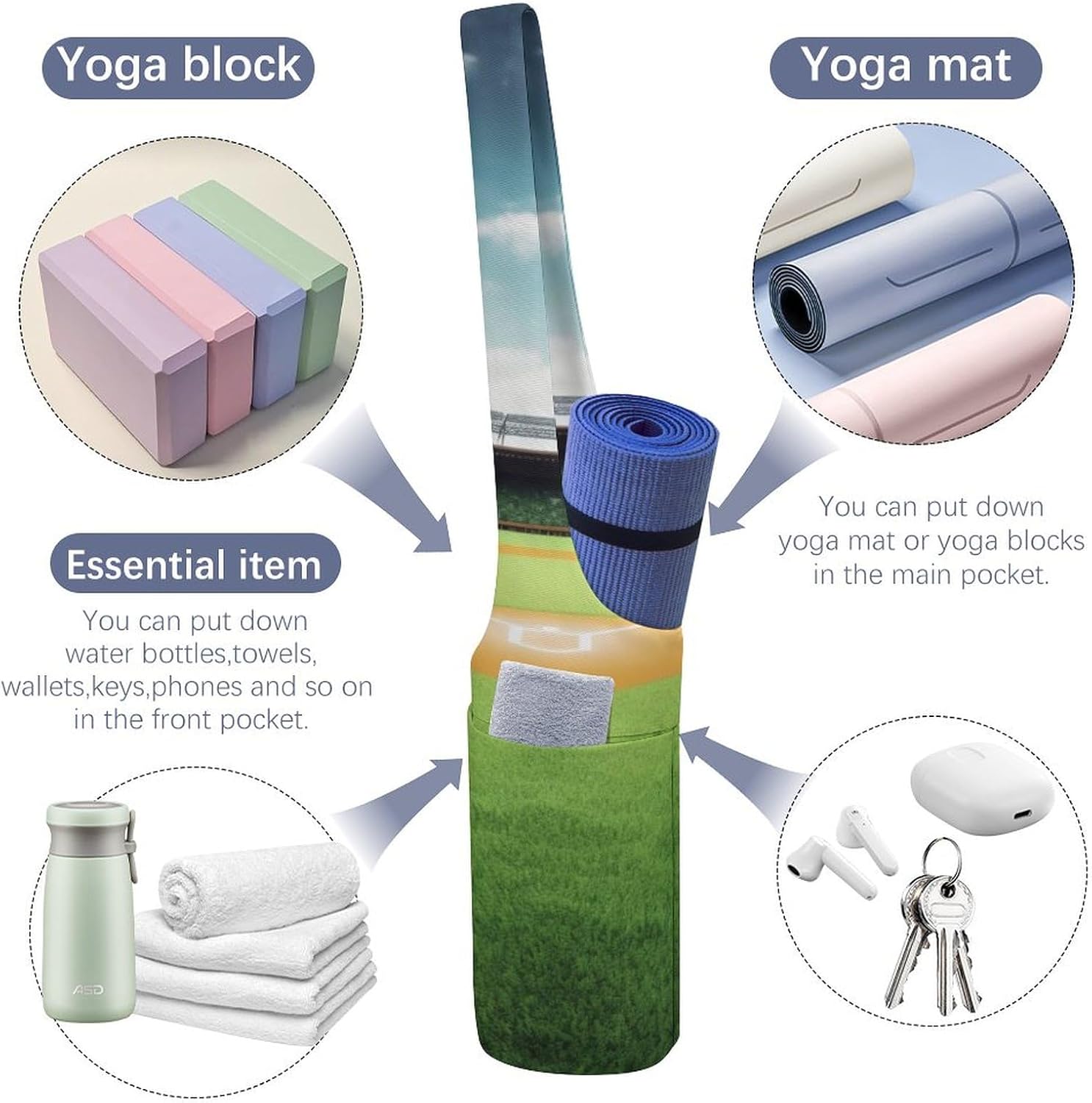 Yoga Mat Carrying Bag,Green Baseball Field Backdrop Printed Women's Yoga Bag with Multi-Functional Storage Pockets,Large Yoga Mat Bag Fits Most Size Yoga Mats