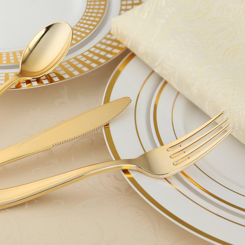 WDF 120 PCS Gold Plastic Silverware- 60pcs Plastic Thanksgiving Plates