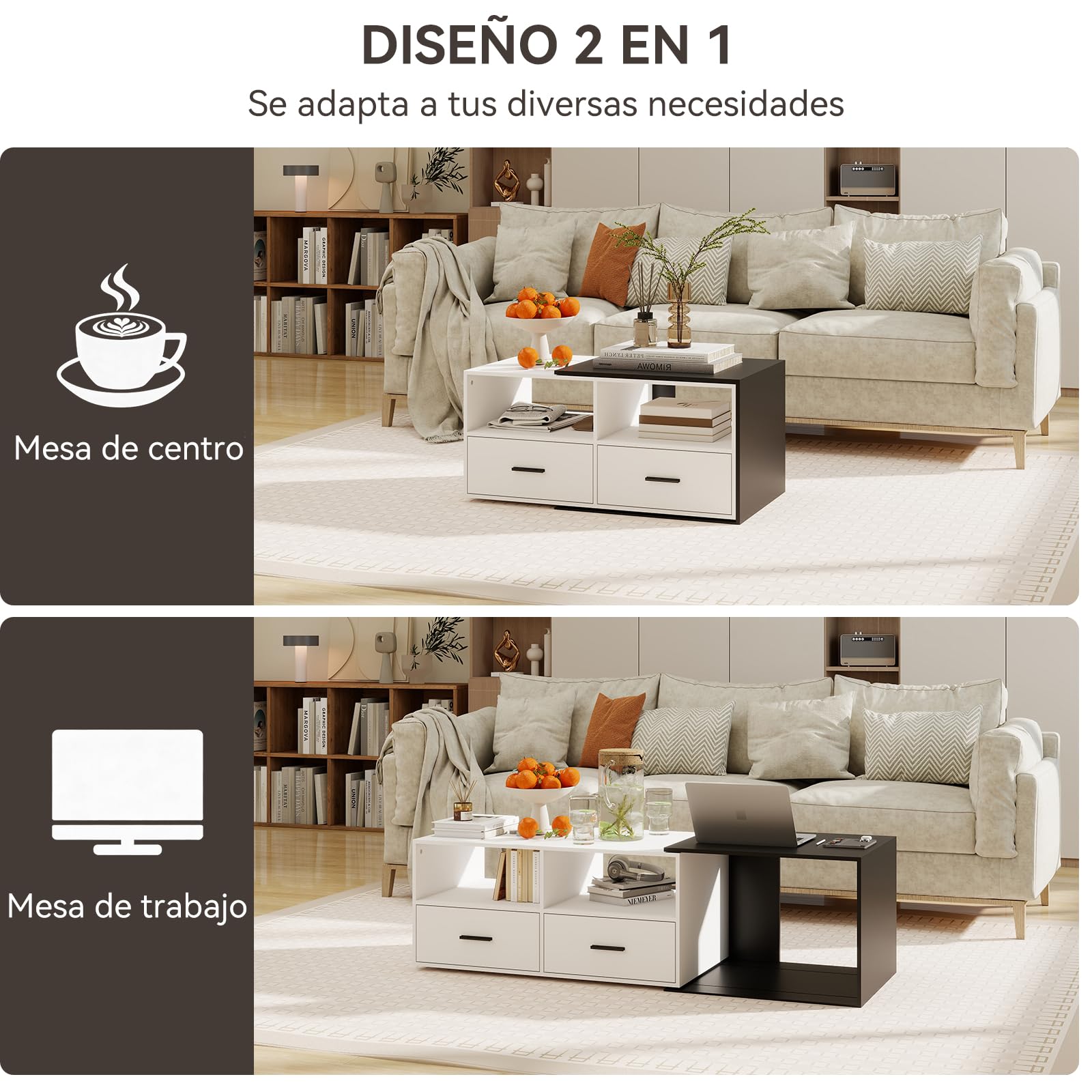 YU YUSING Mesa de Centro Elevable de 91 a 145 cm con 2 Cajones Grandes y 2 Estantes, Madera MDF para Espacios Pequeños, Blanco y Negro
