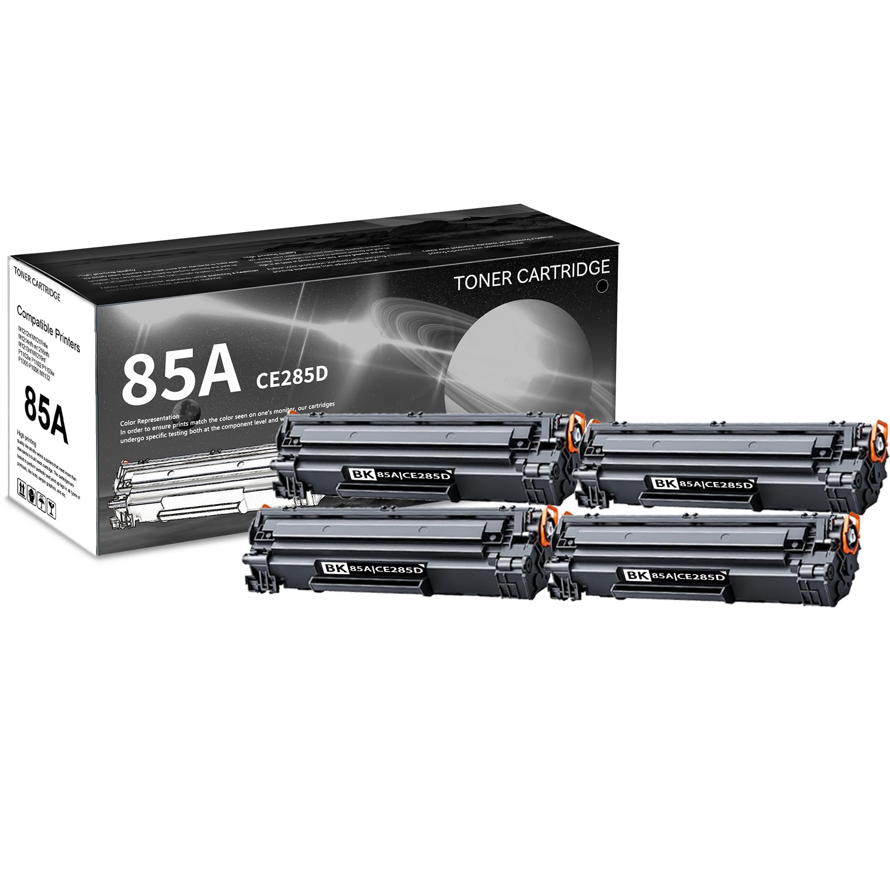 4 PK 85A|CE285D Black Toner Cartridge 2,600 pages High-Yield Compatible, 85A|CE285D, Replacement for HP M1212nf M1217nfw M1214nfh m1216nfh M1213nf