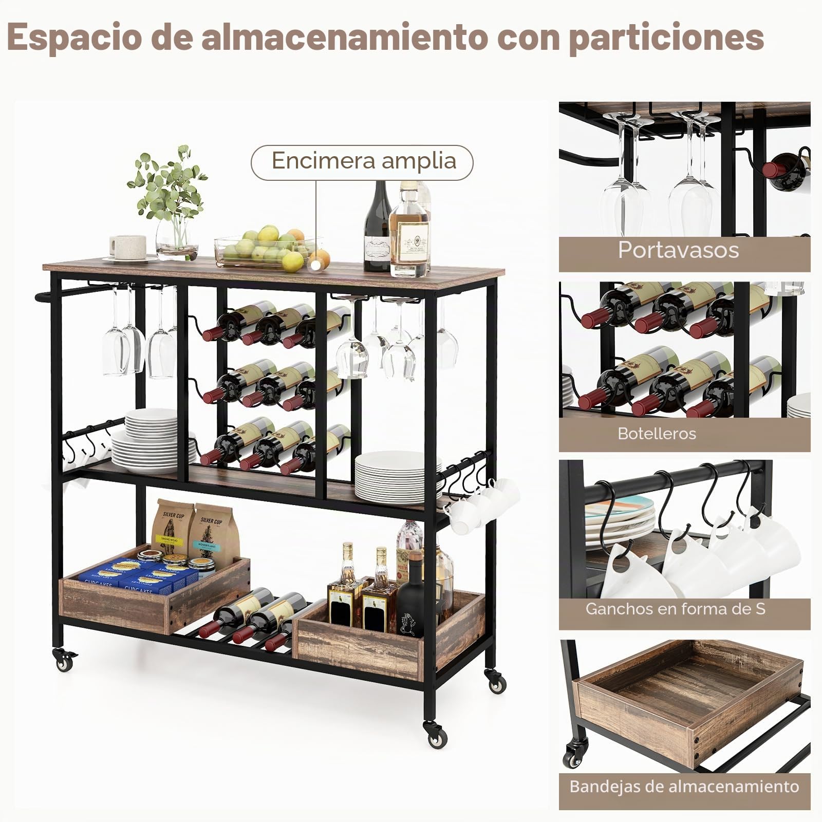 KOMFOTTEU Carro de Cocina con Ruedas, Carrito de Servicio de 3 Niveles, Carro Auxiliar con Soportes para 8 Copas y 9 Botellas, Carro de Almacenaje Industrial con 8 Ganchos y 2 Cajas (Gris)
