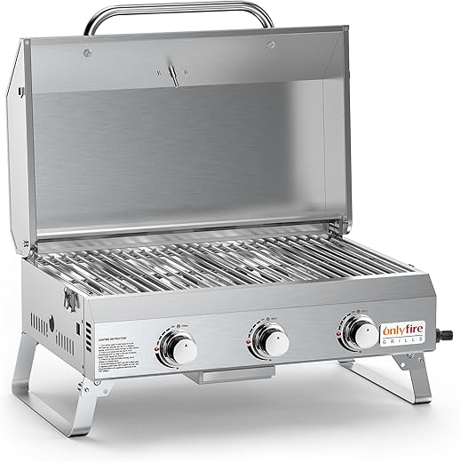 Onlyfire 3 Brenner Tragbarer Gasgrill | Tischgasgrill mit Grillrost | 7Kw | Grillfläche 56,5 × 34 cm | mit Thermometer, Deckel | Klappbaren Beinen | BBQ Campinggrill für…