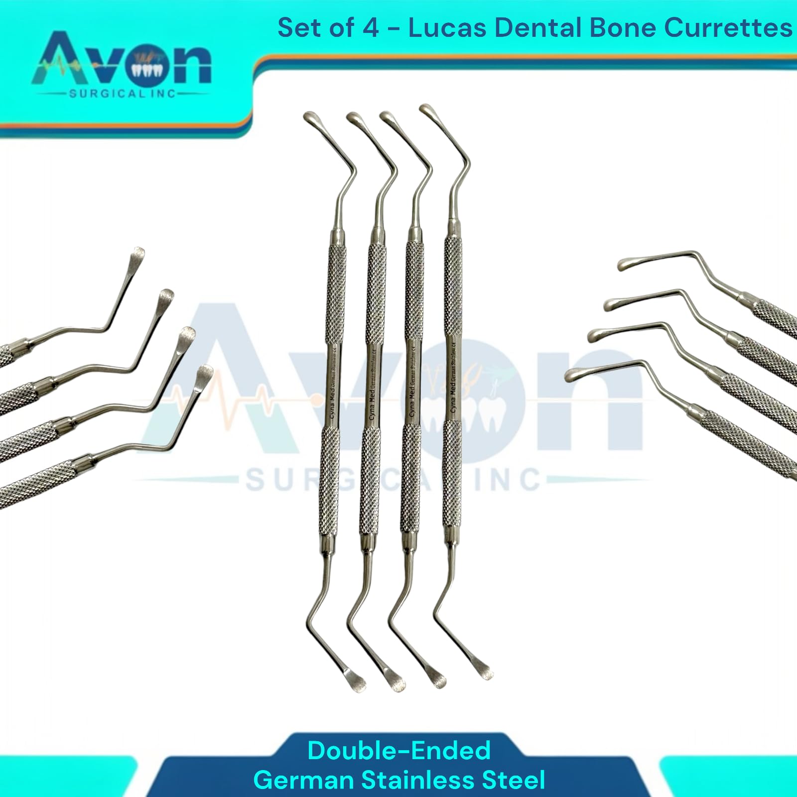 Set of 4 - Lucas Dental Curettes, Double-Sided, Non-Serrated, with Knurled Grip Handle, Oral Care - German Stainless Steel