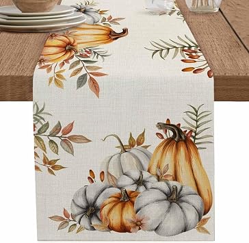 Thanksgiving Fall Table Runner 36 Inches Long, Pumpkins Autumn Maple Leaves Cotton Linen Kitchen Dinner Table Runners, Farmhouse Burlap Tablerunner for Thanksgiving/Dresser/Dining/Party/Wedding Decor