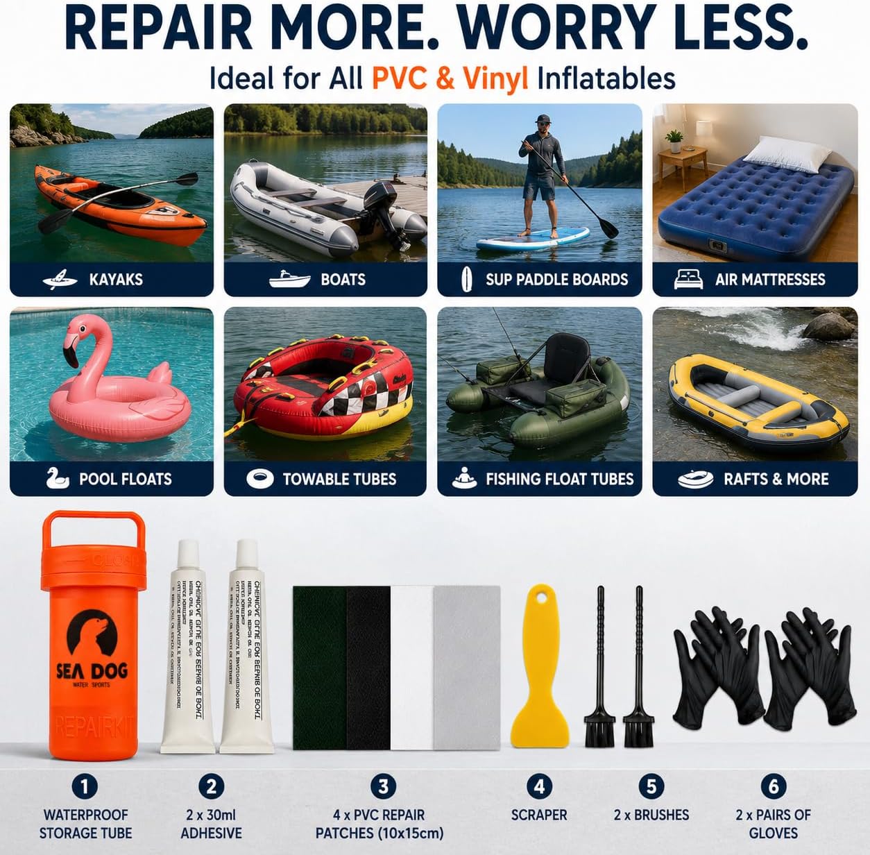 Heavy Duty PVC Repair Kit for Inflatable Boats & Kayaks – Waterproof Permanent Patch Repair with Large PVC Patches, Adhesive, Tools & Gloves image 2