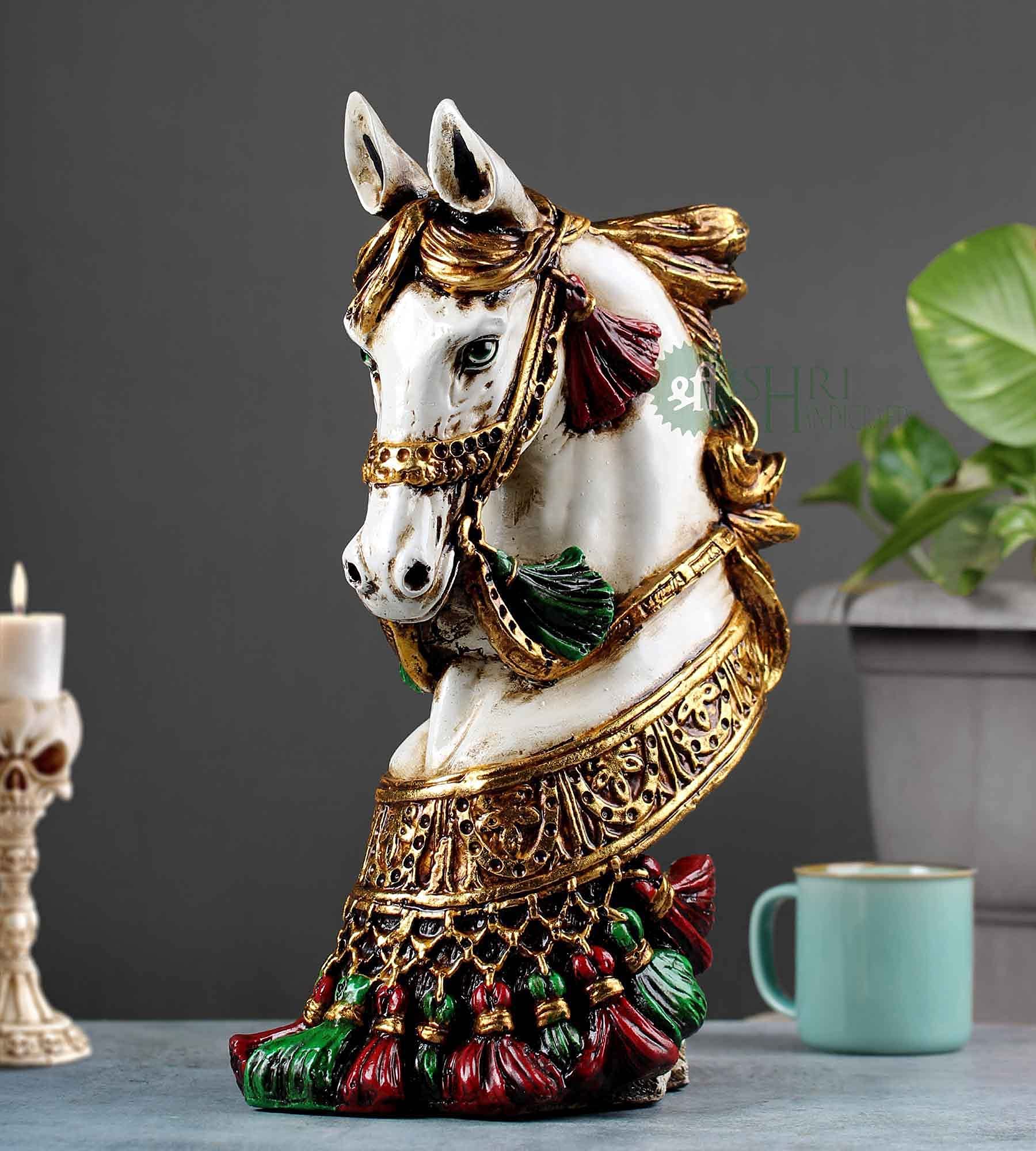 Resin 15" Handmade Decorated Horse Bust Statue Animal Figurines Gifts Antique Design for Home Decoration, Living Room Bedroom(White)