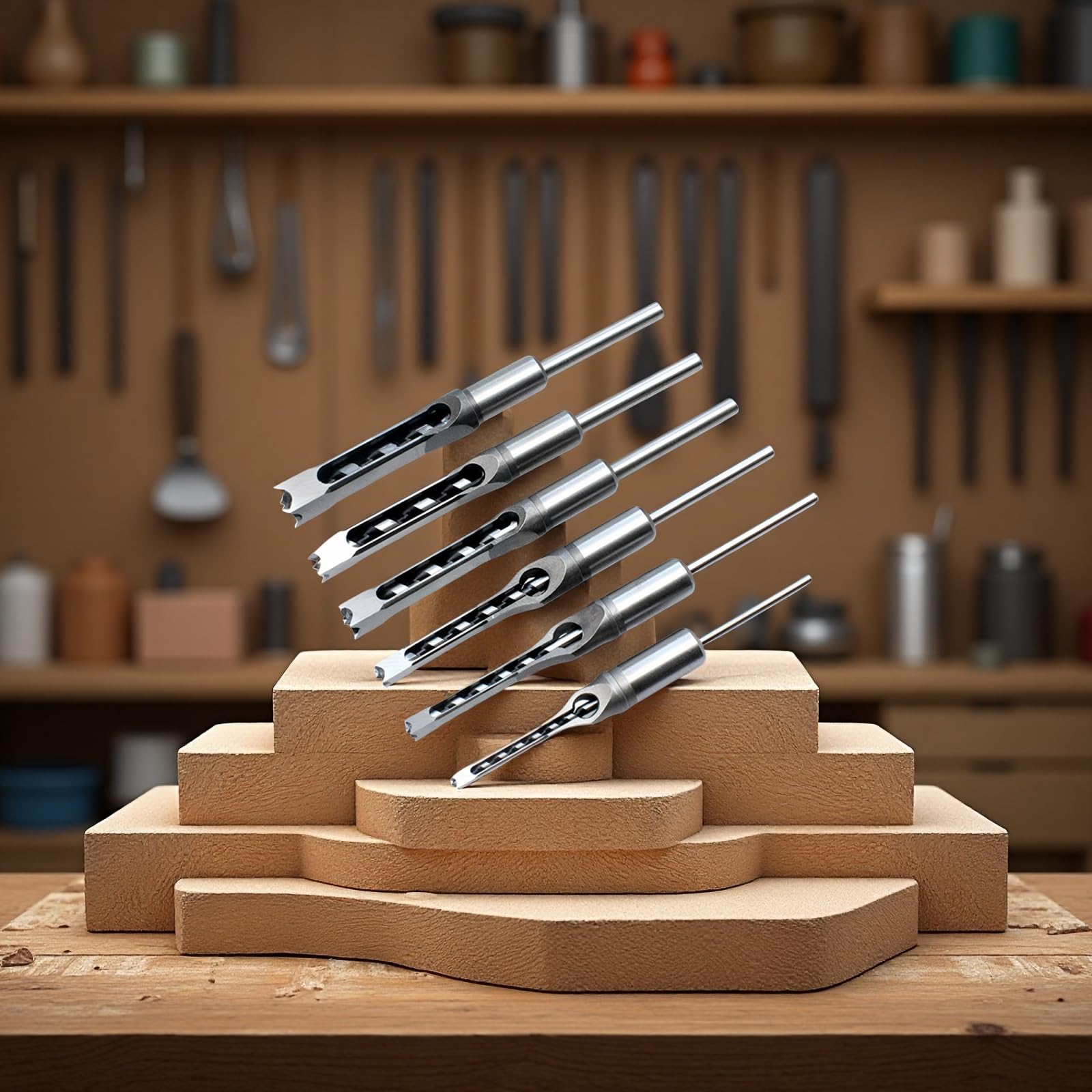 Lot de 6 forets carrés pour mortaisage, foret ciseau à bois pour menuiserie, acier argenté, 21 cm, 6 tailles, pour créer des mortaises nettes et des assemblages tenon et mortaise précis