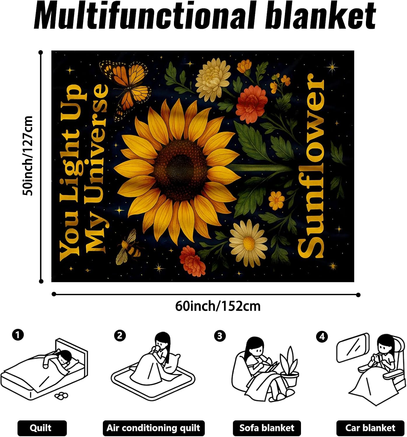 Sunflower Blanket for Women - Inspirational Floral Throw Blanket 50"x60" - Soft Flannel Fleece with Butterfly & Bee - Perfect Cozy Gift for Birthday, Fall & Summer Home Decor - Image 6