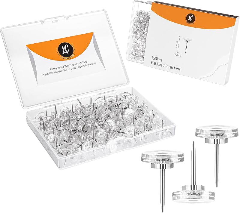 150 Count Clear Thumb Tacks for Wall, Flat Head Push Pins in Reusable Box | For Wall, Bulletin Board, Cork Board, Shadow Box, Heavy Duty Plastic Head with Steel Point.