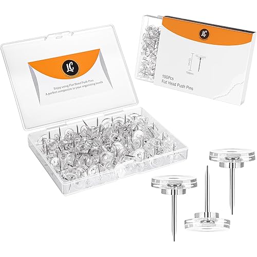 150 Pack Clear Push Pins Tacks by Luxurecourt, Flat Head Thumbtacks for Bulletin Board, Wall Hanging, Cork Board, Shadow Box, Heavy Duty Plastic Head with Steel Point in Reusable Storage Box.