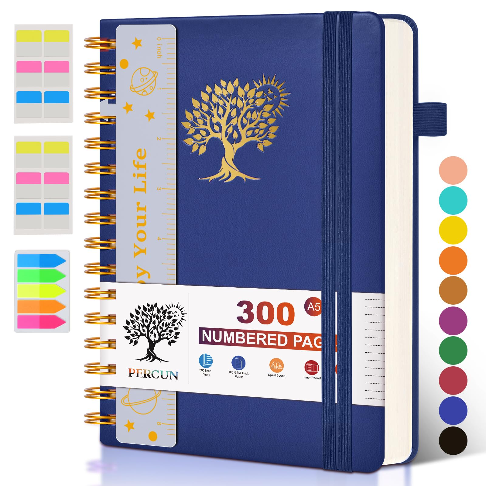 PERCUN Cuaderno En Espiral Y , 300 Páginas Numeradas a Rayas, Rayado Universitario, De Tapa Dura A5 Encuadernado Para Escuela, Trabajo, Tomar Notas, Diario Cuero En, Mujeres Hombres
