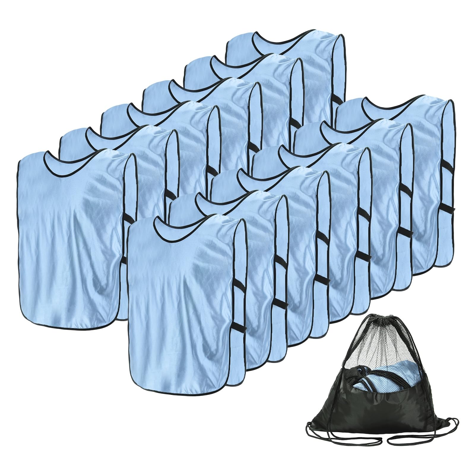 YELARXI Soccer Pennies, Team Sport Practice Jersey, Soccer Pinnies Scrimmage Vest with Elastic Bands Drawstring Bag 17.7"x11" & 12 Pcs & Sky Blue -Fitting for (Adult/Basketball/Sport)