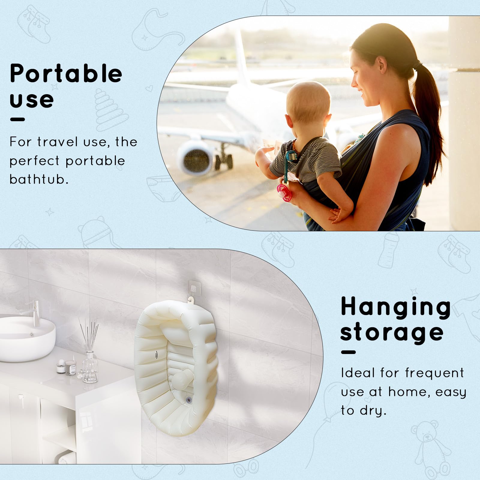 Vaschetta Bagnetto Neonato, Vasca da Bagno pieghevole, Vaschetta Bagnetto Gonfiabile da Viaggioper Bambini Neonati Senza Pompa ad Aria, Antiscivolo Gonfiabile Vasca da Bagno da 0 a 24 Mesi,Beige