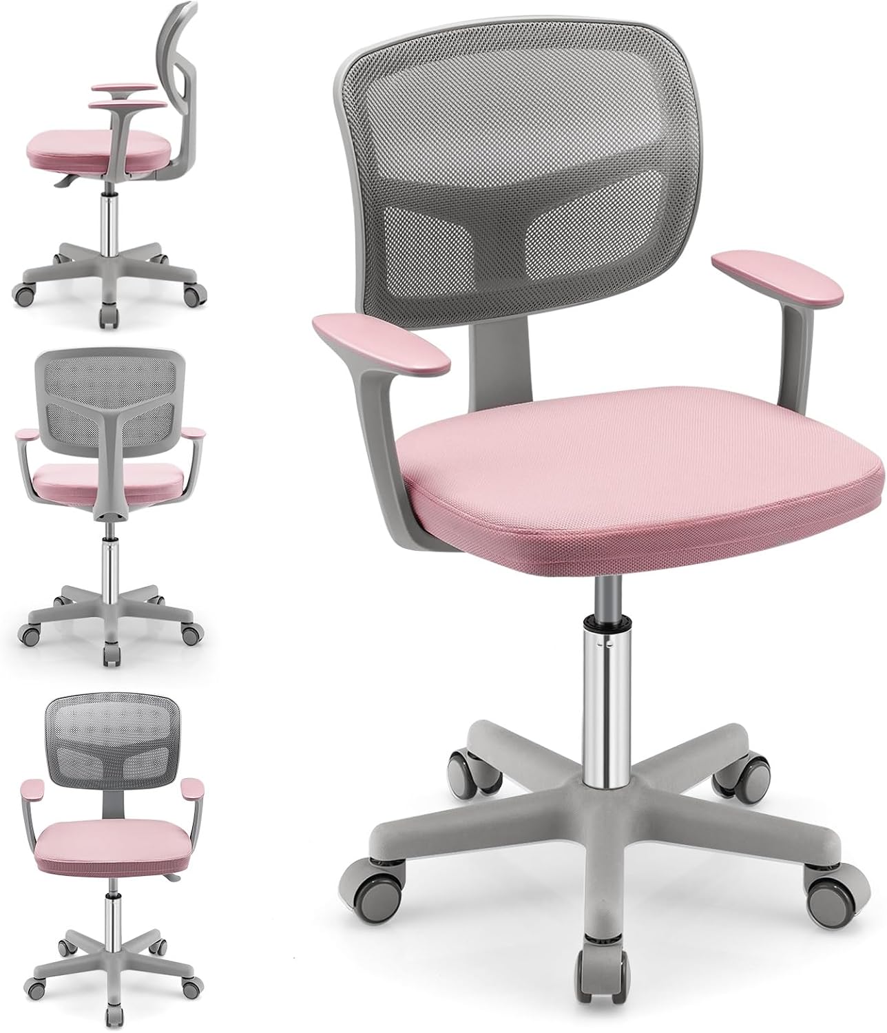Kids Desk Chair, Height Adjustable Children Study Chair with Lumbar Support, Smooth Casters, 360-Degree Swivel Mesh Seat, Ergonomic Kids Adjustable Chair for 3-10, Home, School, Office, Pink