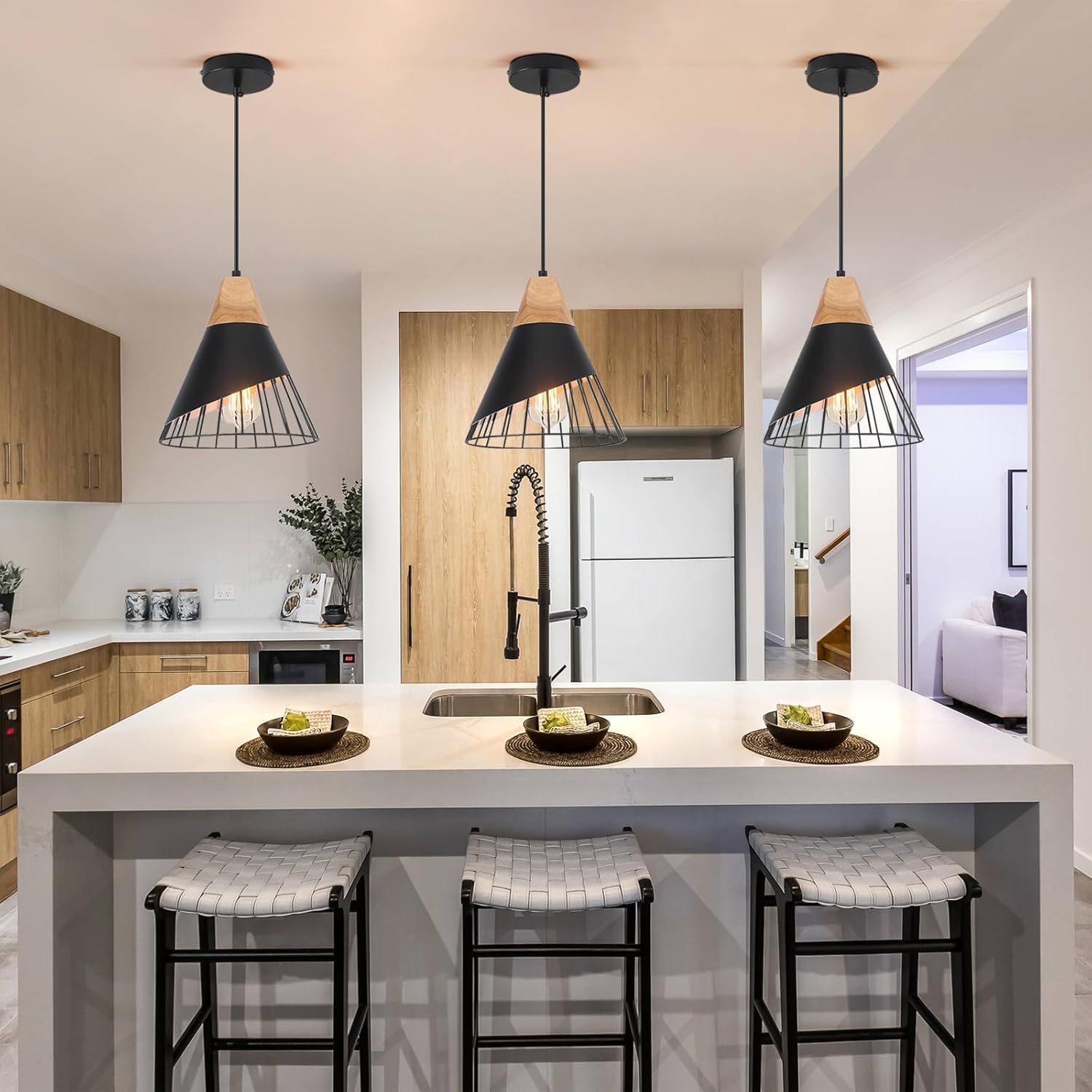 3 Pack Farmhouse Pendant Lights Kitchen Black，Kitchen Pendant Lighting,Wood Dome Pendant Lights Kitchen Island for Living Room, Office, Library, Bar, Bedroom,Hallway
