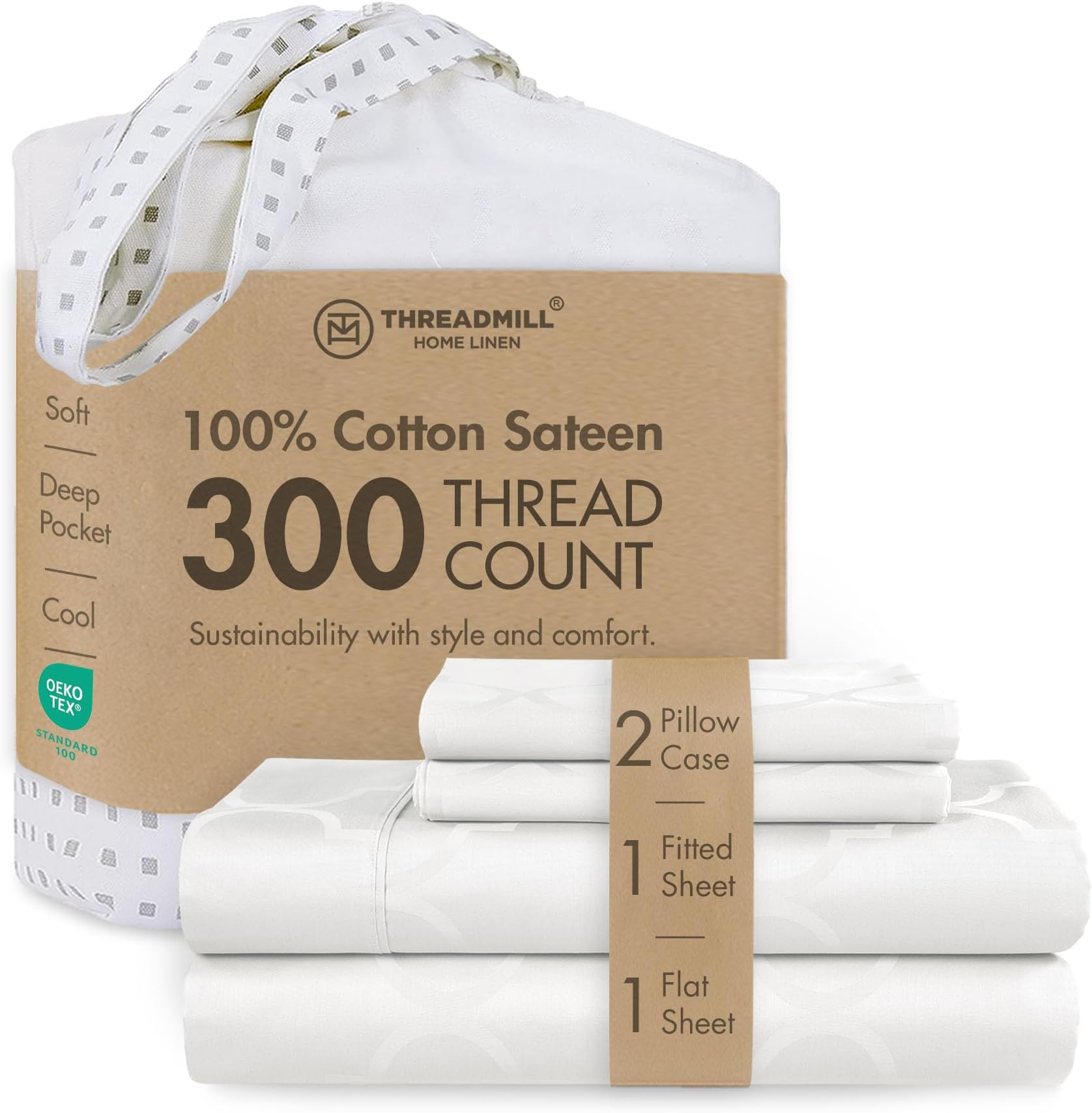 Threadmill Cotton Full Size Sheet Set | 100% Cotton Sheets for Full Size Bed | Damask Jacquard Full Bed Sheets Set with 16โ Deep Pocket | Soft Sateen Weave 4-Piece Cooling Bedding Set | White