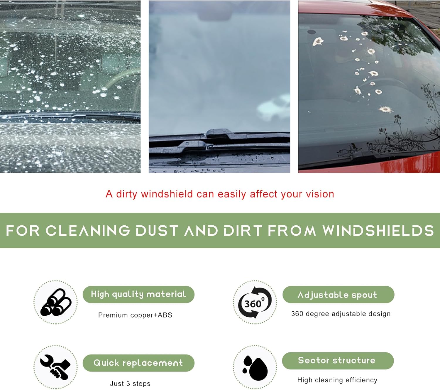 2PCS Car Front Windshield Washer Nozzle, Adjustable Fan-Shaped Automotive Windshield Sprayer Nozzle, Windscreen Wiper Water Sprayers Replacements for Most Cars Trucks Vans