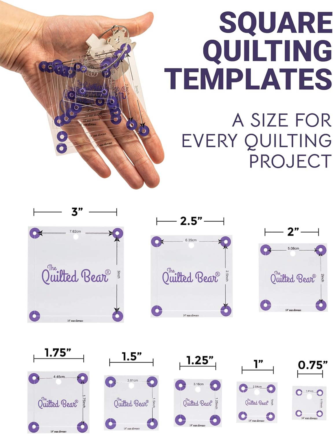 The Quilted Bear Square Quilting Templates – 8 Clear Non-Slip Acrylic Quilt Templates for Precise Fabric Cutting & Stress-Free Machine Quilting - Ideal for Quilt & Sewing Supplies (¾–3")