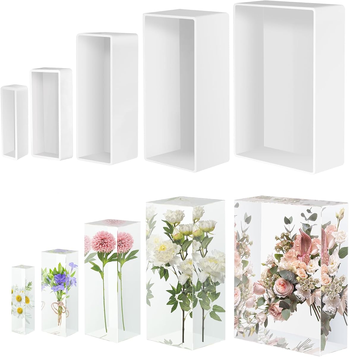 Large Epoxy Resin Molds, 5 PCS Rectangle Silicone Molds for Resin | Epoxy Molds with Wooden Support, Casting Molds for Preserving Flowers, Decoration