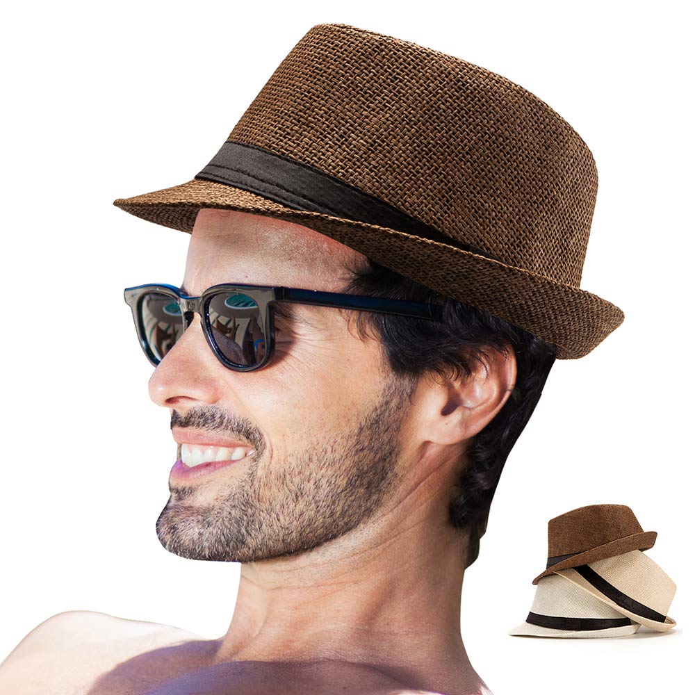 LADYBRO 7 1/4 Straw Fedora Hats for Men Summer Short Brim Trilby for Travel (Pack of 3, M/L)