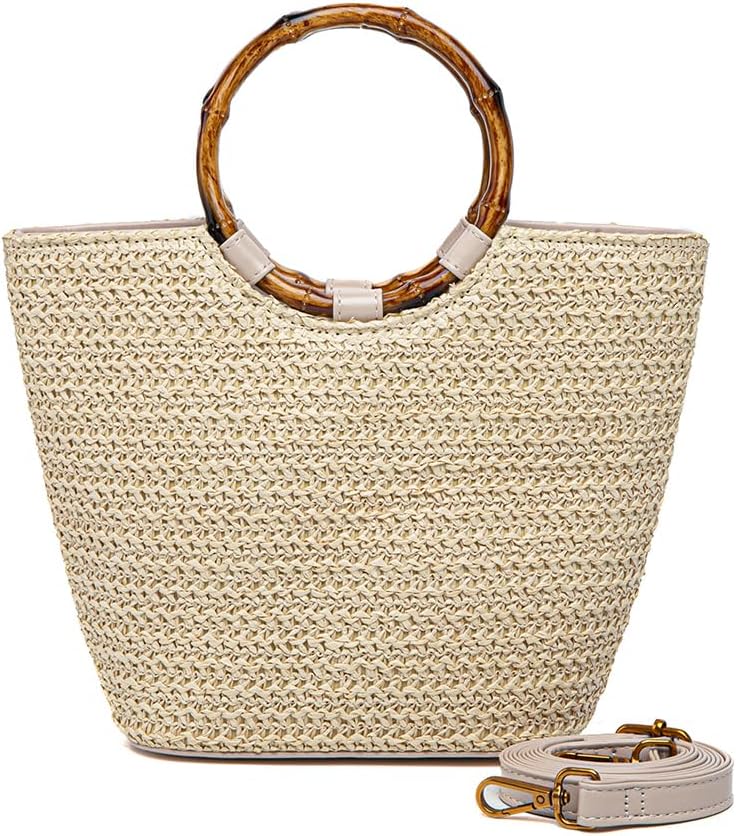 Small Resin Bamboo Handle Straw Tote Bag Summer Beach Purse For Women Vacation Top Handle Handbags