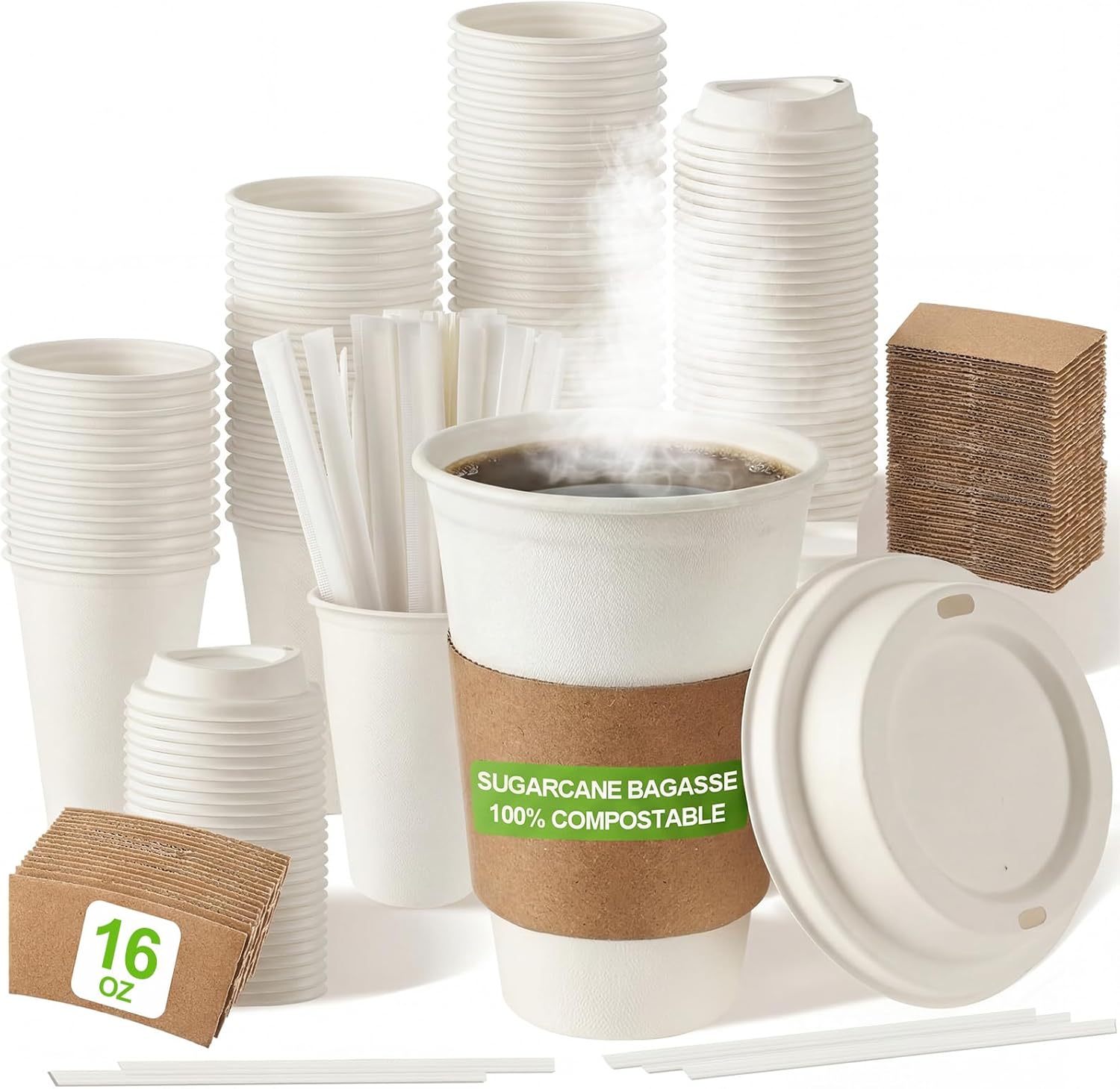 Havawish 50 Sets Compostable Paper Coffee Cups Disposable Bagasse Cups with Lids Sleeves and Straws Made from Bagasse Fiber Hot Drinking Cup for Parties, Picnics, Travels, and Events