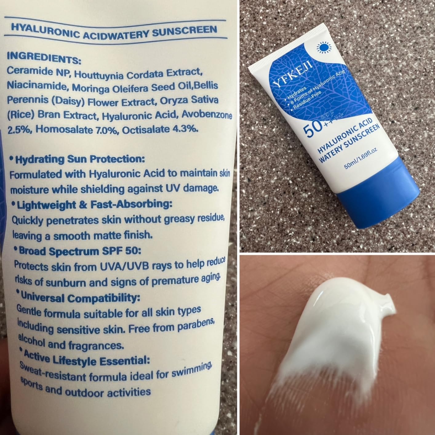 YFKEJI Hyaluronic Acid Watery Sun Gel Moisturizing Sunscreen - Hyaluronic Acid Watery Sun Gel, Non-sticky UV Protection All skin types (1) 50ml