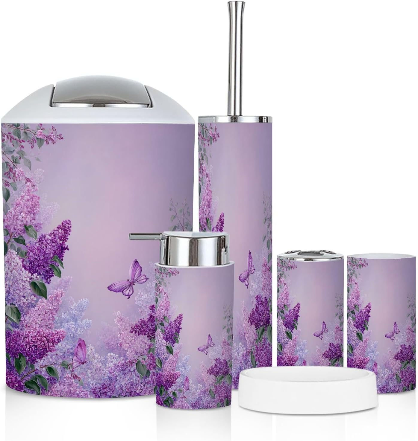 Bathroom Accessory Set 6PCS Watercolor Lavender Flowers Butterflies Seamless Border Trash Can, Soap Dispenser, Toothbrush Holder, Toothbrush Cup, Toilet Brush Holder, Soap Dish for Gift